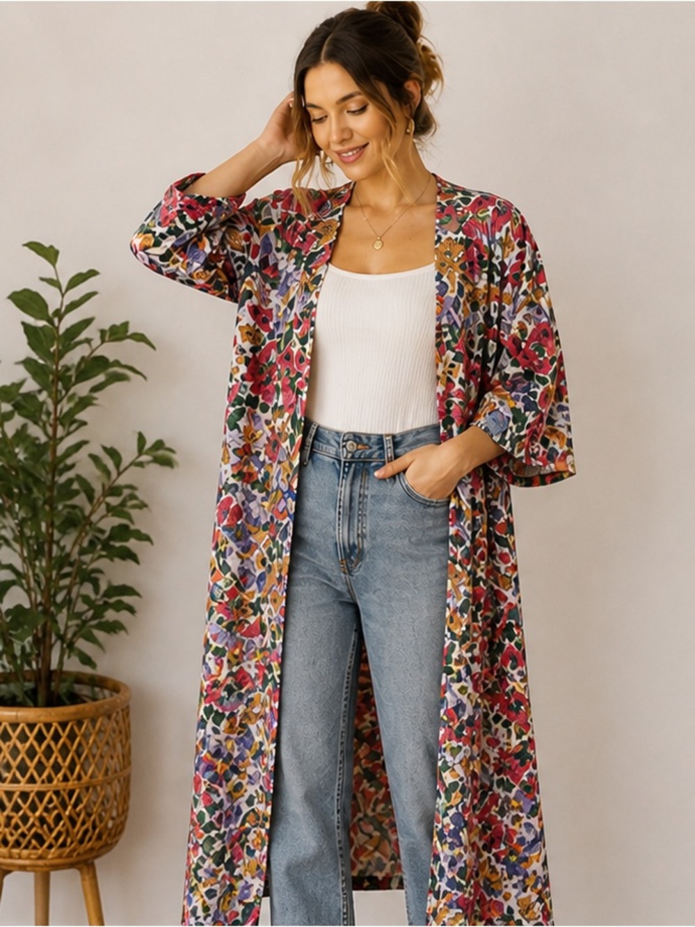 Vintage Floral Kimono Duster Robe Boho Festival Cover Up Medium